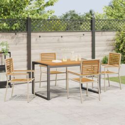Berkfield Home 5 Piece Garden Dining Set Beige Poly Rattan Acacia - thumbnail 4