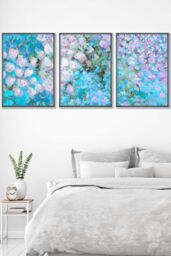 ARTZE Set of 3 Dark Grey Framed Abstract Cottage Garden Flowers in Blue Wall Art in Bright Blue - Size: W33 cm x H45 cm x D20mm - thumbnail 1