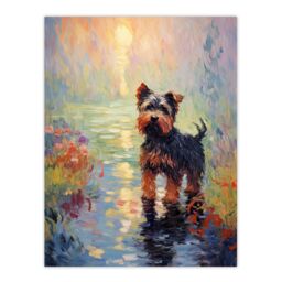 Artery8 Yorkshire Terrier Claude Monet Style Dog Oil Painting Sunrise Walk By Lake Unframed Wall Art Print Poster Home Decor Premium - thumbnail 1