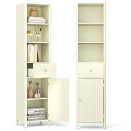 Costway 170cm Tall Bathroom Cabinet Wooden Narrow Floor Cabinet w/ Drawer in Beige - thumbnail 2