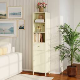 Costway 170cm Tall Bathroom Cabinet Wooden Narrow Floor Cabinet w/ Drawer in Beige