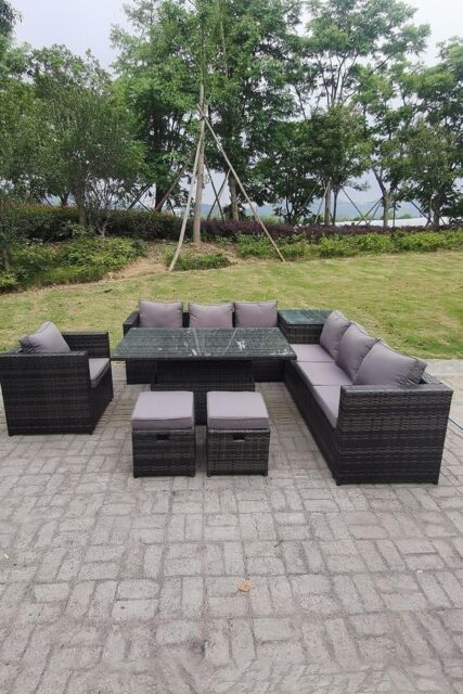 Fimous 9 Seater PE Rattan Corner Sofa Set Rising Adjustable Dining Table Set High Side Coffee Table in Dark Grey - image 1