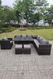 Fimous 9 Seater PE Rattan Corner Sofa Set Rising Adjustable Dining Table Set High Side Coffee Table in Dark Grey - thumbnail 1