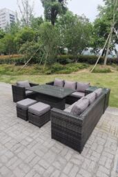 Fimous 9 Seater PE Rattan Corner Sofa Set Rising Adjustable Dining Table Set High Side Coffee Table in Dark Grey - thumbnail 2