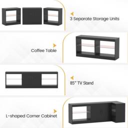 "Costway Modular TV Stand for 85"" TVs 3-in-1 Entertainment Center w/LED Lights in Black" - thumbnail 5