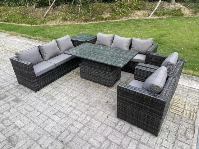 Fimous 8 Seater Outdoor Rattan Adjustable Rising Lifting Table Chairs in Dark Grey - image 1