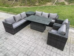 Fimous 8 Seater Outdoor Rattan Adjustable Rising Lifting Table Chairs in Dark Grey - thumbnail 2