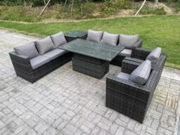 Fimous 8 Seater Outdoor Rattan Adjustable Rising Lifting Table Chairs in Dark Grey - thumbnail 1