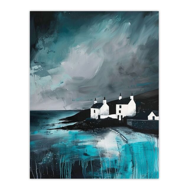 "Artery8 Coastal Cottages Oil Painting Grey Sky Scotland Wall Art Print - Size: W18"" x H24""" - image 1
