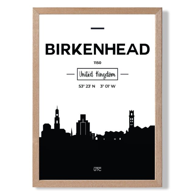 ARTZE Birkenhead Black & White City Skyline Framed Print SIZE: A3 with Oak Frame - Size: A4 - image 1