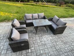 Fimous 7 Seater High Back PE Rattan Sofa Set Outdoor Garden Furniture Dining Table Set With Reclining Chair 3 Seater Sofa in Dark Grey - thumbnail 2