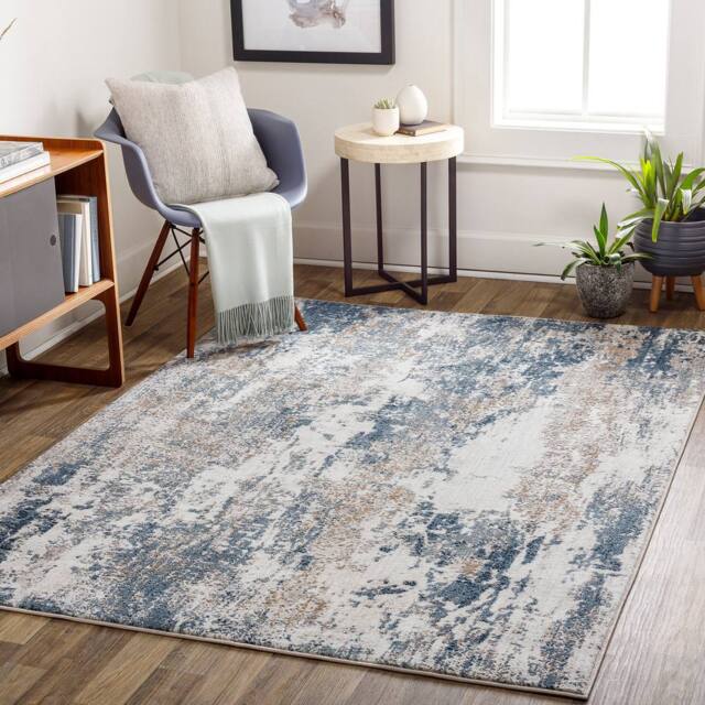 Livabliss Allegro-Abstract Blue Bleige Grey Modern Marble Living Dining Rug in Cream - Size: 160 cm x 215 cm - image 1