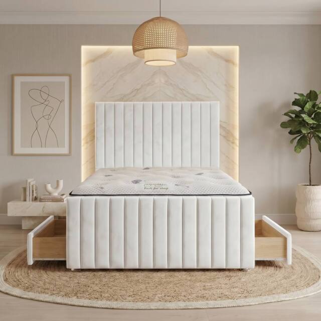 "Somnior Eleanor Velvet Divan Bed Mattress 4 Draw 54"" Headboard 22"" Footboard in White - Size: Small Double" - image 1