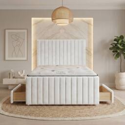 "Somnior Eleanor Velvet Divan Bed Mattress 4 Draw 54"" Headboard 22"" Footboard in White - Size: Small Double" - thumbnail 1