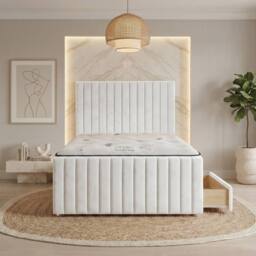 "Somnior Eleanor Velvet Divan Bed Mattress 4 Draw 54"" Headboard 22"" Footboard in White - Size: Small Double" - thumbnail 4
