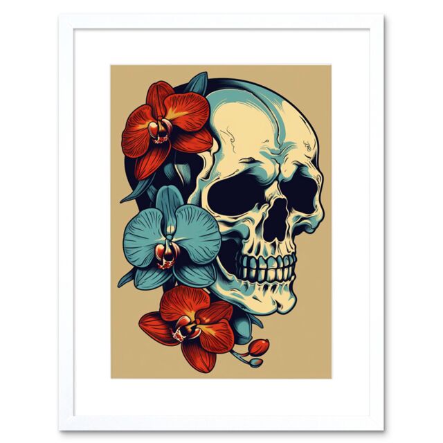 "Artery8 Wall Art Print Skull Orchid Flower Blooms Tattoo Ink Body Art Rockabilly Americana 50s Artwork Framed 9X7 Inch in White - Size: W7"" x H9""" - image 1
