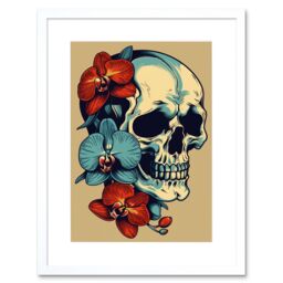 "Artery8 Wall Art Print Skull Orchid Flower Blooms Tattoo Ink Body Art Rockabilly Americana 50s Artwork Framed 9X7 Inch in White - Size: W7"" x H9""" - thumbnail 1