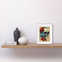 "Artery8 Wall Art Print Skull Orchid Flower Blooms Tattoo Ink Body Art Rockabilly Americana 50s Artwork Framed 9X7 Inch in White - Size: W7"" x H9""" - thumbnail 2