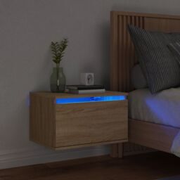 Berkfield Home Wall-mounted Bedside Cabinet with LED Lights Sonoma Oak in Brown - thumbnail 1