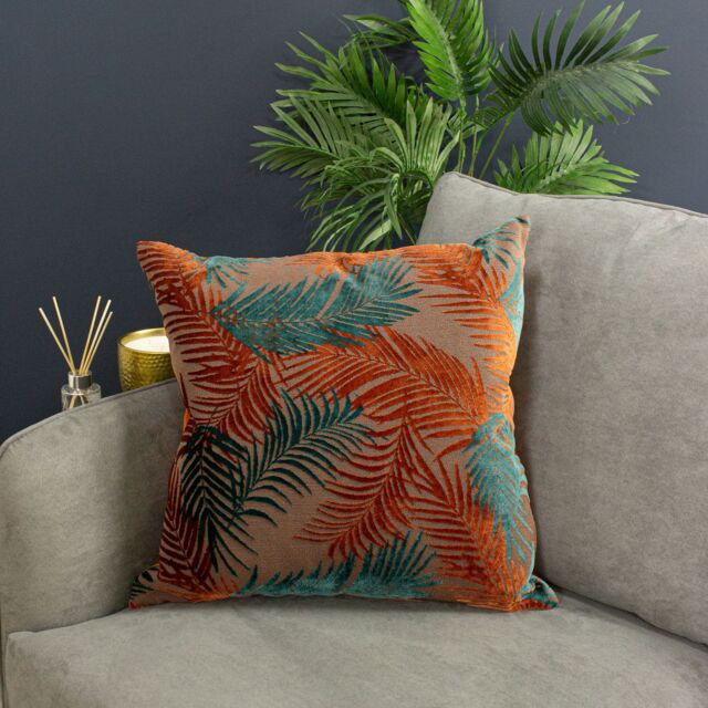 Paoletti Palm Grove Velvet Jacquard Fern Cushion in Burnt Orange - Size: 50 cm x 50 cm - image 1