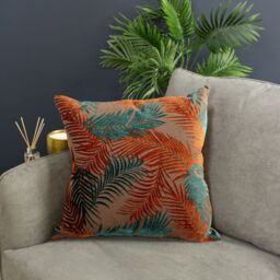 Paoletti Palm Grove Velvet Jacquard Fern Cushion in Burnt Orange - Size: 50 cm x 50 cm