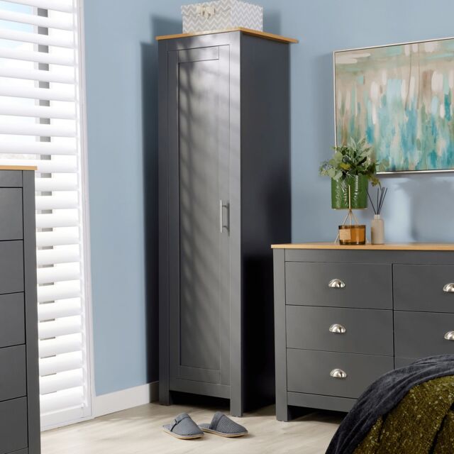 Home Source Wardrobe 1 Door Bedroom Clothing Storage Oak Top Wooden Unit in Dark Grey - image 1