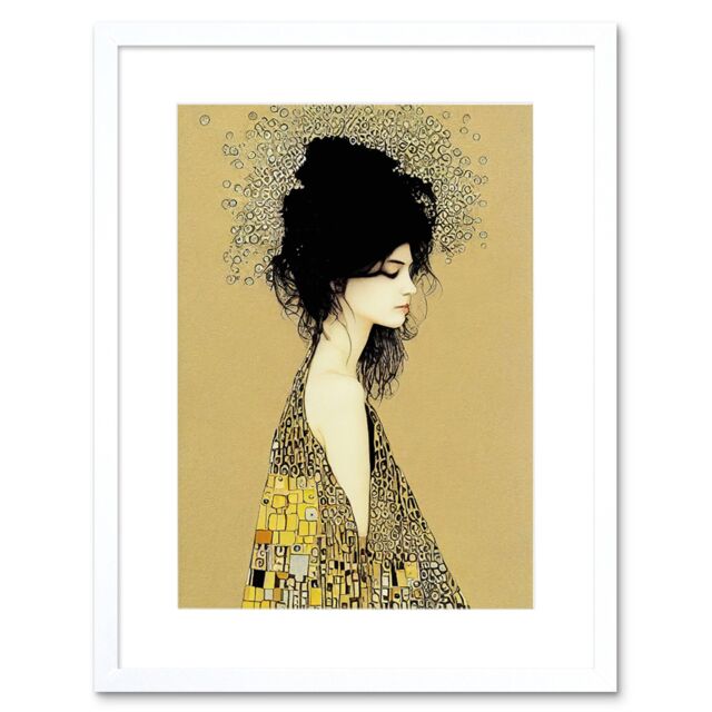 "Artery8 Wall Art Print Klimt Style Woman in Multi Coloured Shawl Painting Artwork Framed 9X7 Inch in White - Size: W7"" x H9""" - image 1