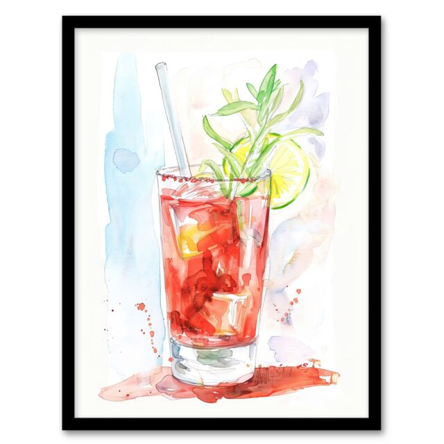 "Artery8 Bloody Mary Cocktail Drink Watercolour Simple Framed Art Print in Red - Size: W12"" x H16""" - image 1