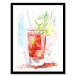 "Artery8 Bloody Mary Cocktail Drink Watercolour Simple Framed Art Print in Red - Size: W12"" x H16""" - thumbnail 1