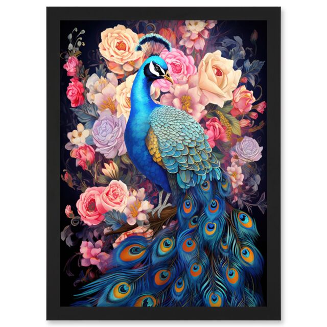 Artery8 Wall Art Print Elegant Peacock Bird with Rose Flower Blooms Vibrant Floral Blue Pink Orange Artwork Framed A4 in Black - image 1