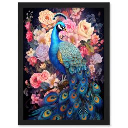 Artery8 Wall Art Print Elegant Peacock Bird with Rose Flower Blooms Vibrant Floral Blue Pink Orange Artwork Framed A4 in Black - thumbnail 1