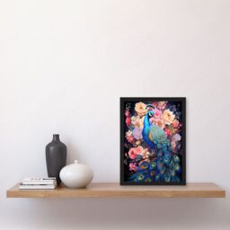 Artery8 Wall Art Print Elegant Peacock Bird with Rose Flower Blooms Vibrant Floral Blue Pink Orange Artwork Framed A4 in Black - thumbnail 2