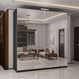 MN Furniture Full Mirror 150cm Sliding Doors Wardrobe with LED Lighting in Black - thumbnail 1