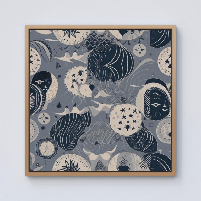 Warren Reed - Designer Abstract Moon & Stars Framed Canvas in Light Brown - Size: w40 inch x h40 inch - image 1