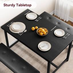London Boutique 3PCS Dining Table & Benches Set Kitchen Table & 2 Upholstered Benches in Black - thumbnail 3