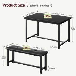 London Boutique 3PCS Dining Table & Benches Set Kitchen Table & 2 Upholstered Benches in Black - thumbnail 2