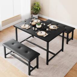 London Boutique 3PCS Dining Table & Benches Set Kitchen Table & 2 Upholstered Benches in Black - thumbnail 1