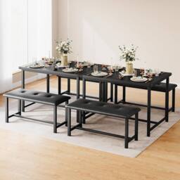 London Boutique 3PCS Dining Table & Benches Set Kitchen Table & 2 Upholstered Benches in Black - thumbnail 8
