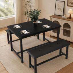 London Boutique 3PCS Dining Table & Benches Set Kitchen Table & 2 Upholstered Benches in Black - thumbnail 6