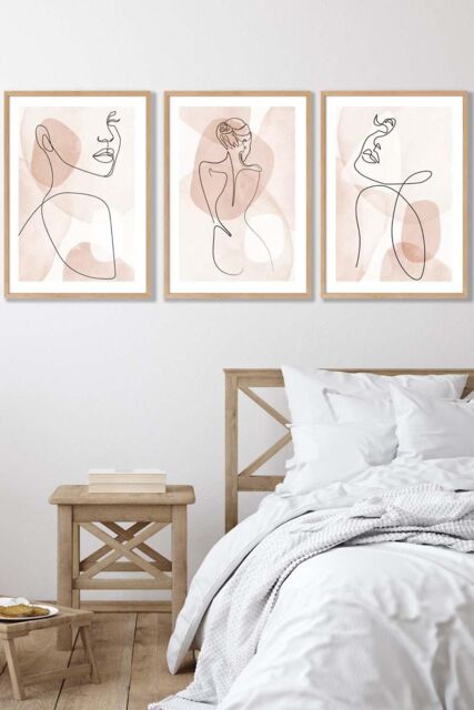 ARTZE Set of 3 Oak Framed Coral Pink Abstract Line Art Female Wall Art - Size: W33 cm x H45 cm x D20mm - image 1