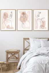 ARTZE Set of 3 Oak Framed Coral Pink Abstract Line Art Female Wall Art - Size: W33 cm x H45 cm x D20mm - thumbnail 1