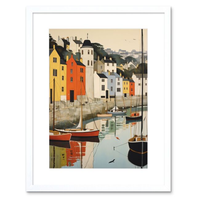 "Artery8 Wall Art Print Dartmouth Harbour Boats Watercolour Painting Devon Scenic River Dart Townscape Artwork Framed 9X7 Inch - Size: W7"" x H9""" - image 1