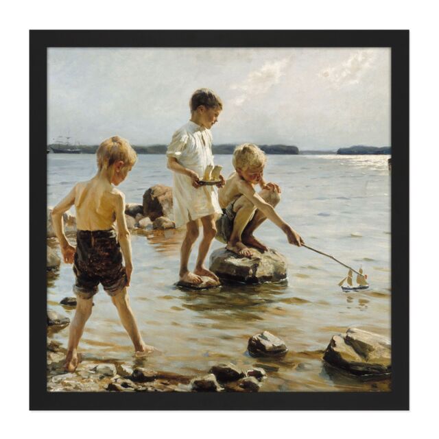 "Artery8 Wall Art Print Albert Edelfelt - Boys Playing On The Shore Square Framed Picture 16X16 Inch in Black - Size: W16"" x H16""" - image 1