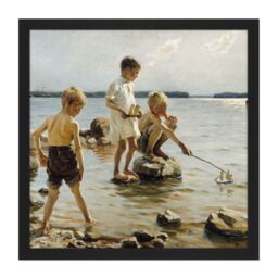 "Artery8 Wall Art Print Albert Edelfelt - Boys Playing On The Shore Square Framed Picture 16X16 Inch in Black - Size: W16"" x H16""" - thumbnail 1