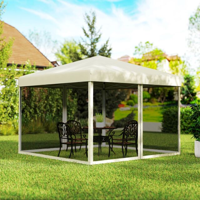 OUTSUNNY 2.97 x 2.97m Gazebo Canopy Pop Up Tent Mesh Screen Garden Shade Mesh in Tan