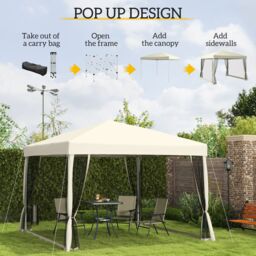 OUTSUNNY 2.97 x 2.97m Gazebo Canopy Pop Up Tent Mesh Screen Garden Shade Mesh in Tan - thumbnail 4