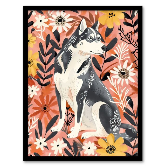 Artery8 Dog Lover Siberian Husky Rustic Pink Floral Framed Wall Art - Size: A4 - image 1