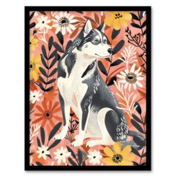 Artery8 Dog Lover Siberian Husky Rustic Pink Floral Framed Wall Art - Size: A4 - thumbnail 1