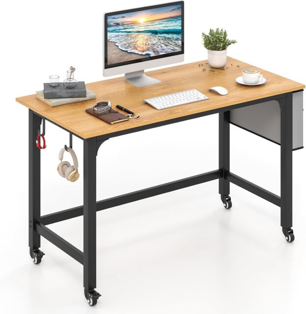 Gymax Rolling Office Desk With Lockable Wheels Detachable Bag & Headphone Hooks in Natural - image 1