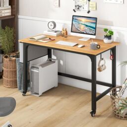 Gymax Rolling Office Desk With Lockable Wheels Detachable Bag & Headphone Hooks in Natural - thumbnail 6